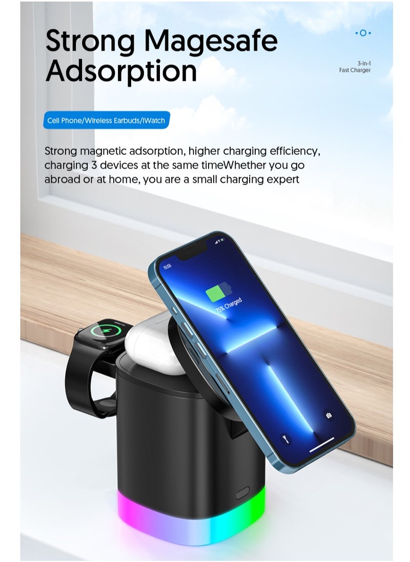 EVEREEN - 3-in-1 Magnetic Charging Dock With Foldable Stand And Night Illumination Non-Waterproof ABS Wireless Charger For iPhone 15/14/13/12 Pro/Max/Plus And Apple Watch Series 2-9 15W Fast Charging Power Co - Image 1