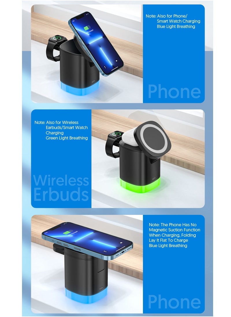 EVEREEN - 3-in-1 Magnetic Charging Dock With Foldable Stand And Night Illumination Non-Waterproof ABS Wireless Charger For iPhone 15/14/13/12 Pro/Max/Plus And Apple Watch Series 2-9 15W Fast Charging Power Co - Image 1