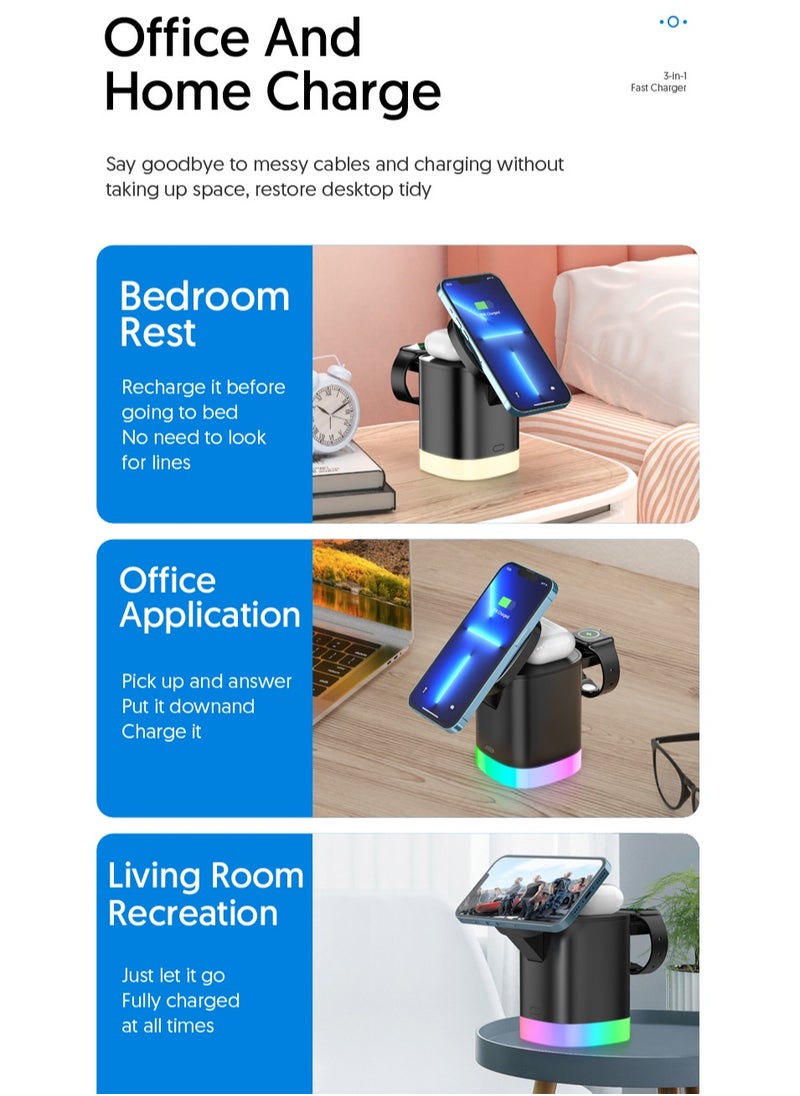 EVEREEN - 3-in-1 Magnetic Charging Dock With Foldable Stand And Night Illumination Non-Waterproof ABS Wireless Charger For iPhone 15/14/13/12 Pro/Max/Plus And Apple Watch Series 2-9 15W Fast Charging Power Co - Image 1