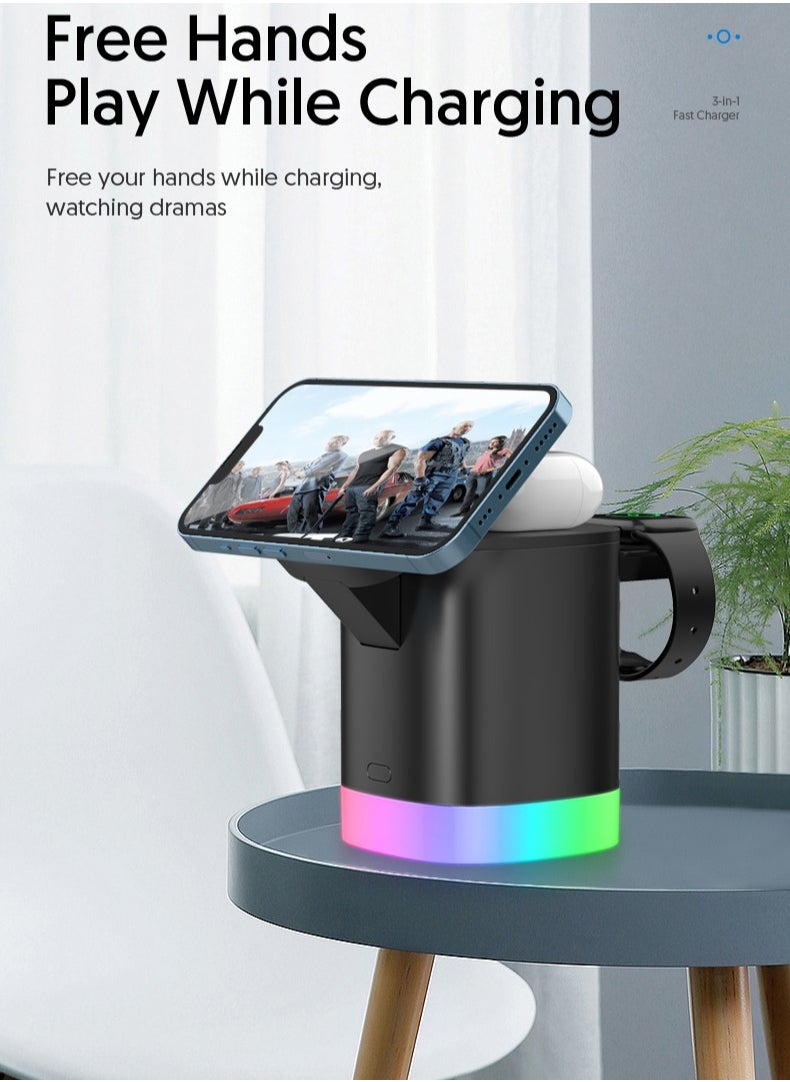 EVEREEN - 3-in-1 Magnetic Charging Dock With Foldable Stand And Night Illumination Non-Waterproof ABS Wireless Charger For iPhone 15/14/13/12 Pro/Max/Plus And Apple Watch Series 2-9 15W Fast Charging Power Co - Image 1