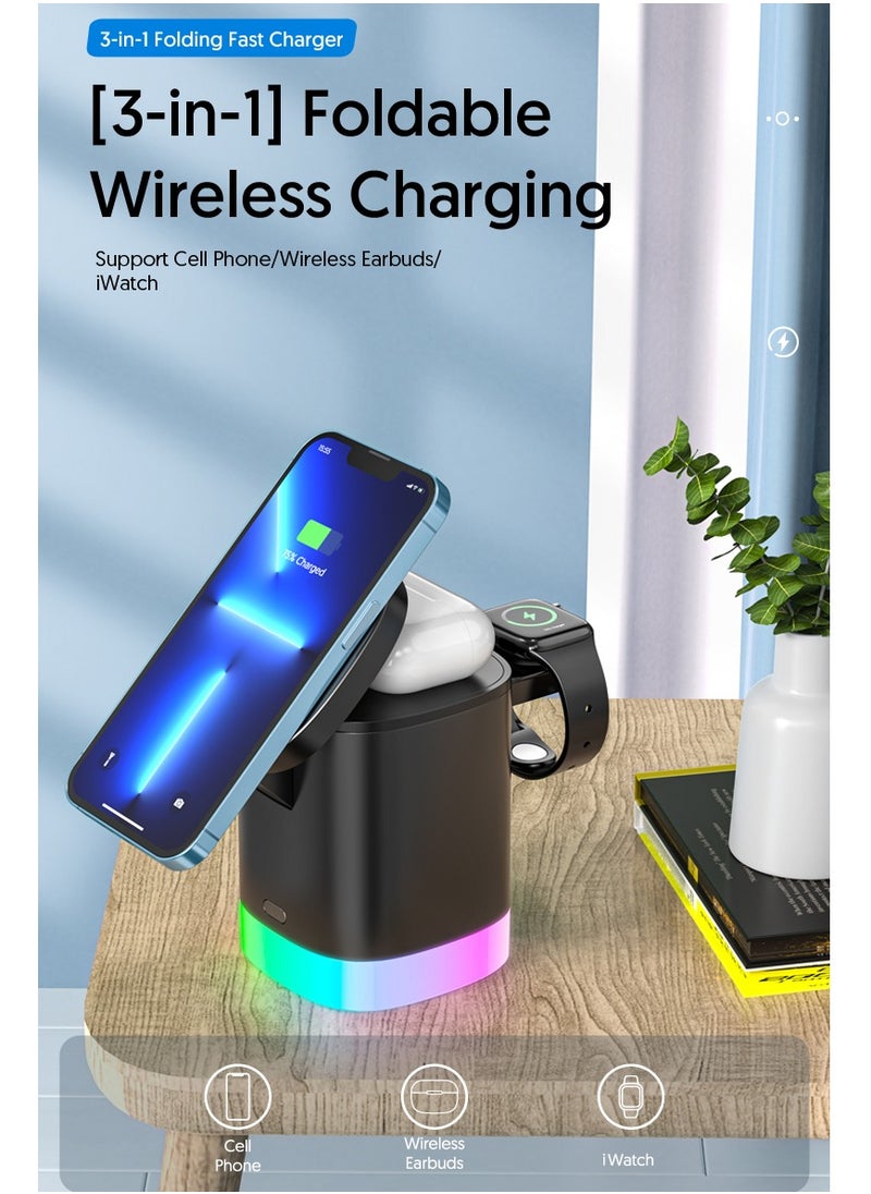 EVEREEN - 3-in-1 Magnetic Charging Dock With Foldable Stand And Night Illumination Non-Waterproof ABS Wireless Charger For iPhone 15/14/13/12 Pro/Max/Plus And Apple Watch Series 2-9 15W Fast Charging Power Co - Image 1