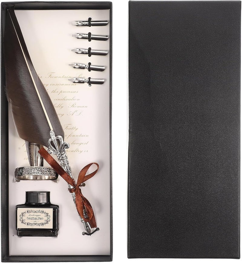 PRETYZOOM Vintage Wing Quill Pen Set, Lightweight Calligraphy Ink Pen for Office and Birthday Lettering, Reusable Grey Tone Writing Supplies for Beginners and Artists - Image 1