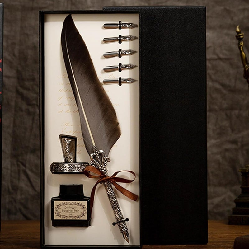 PRETYZOOM Vintage Wing Quill Pen Set, Lightweight Calligraphy Ink Pen for Office and Birthday Lettering, Reusable Grey Tone Writing Supplies for Beginners and Artists - Image 5