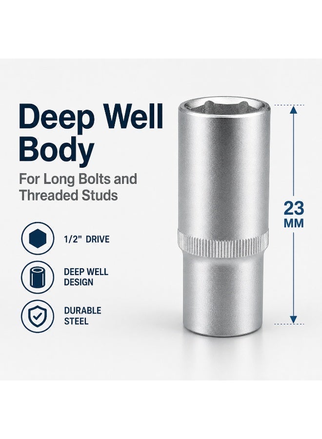 23mm Deep Socket 1/2 Inch Drive, 6 Point Chrome Vanadium Steel CR-V Socket for Ratchet, Breaker Bar, Automotive Repair and Workshop Use - Image 5