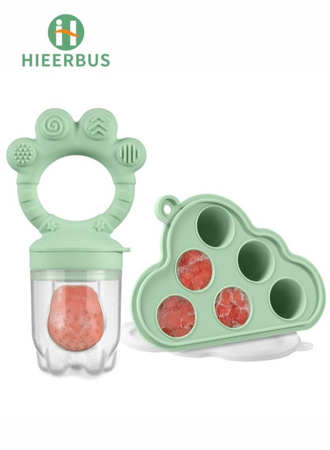 Baby Fruit Food Feeder & Mini Freezer Nibble Tray Combo, BPA Free Silicone Feeder Teethers for Safe Infant Self Feeding, 4 Month+ ,Green