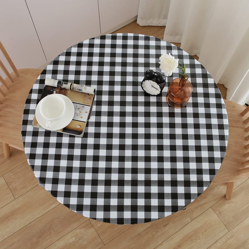 NLMUVW Round Fitted Vinyl Tablecloth with Elastic Edge 100 Waterproof Oil Proof PVC Table Cloth Wipe Clean Table Cover for Indoor and Outdoor Black Check 40 44