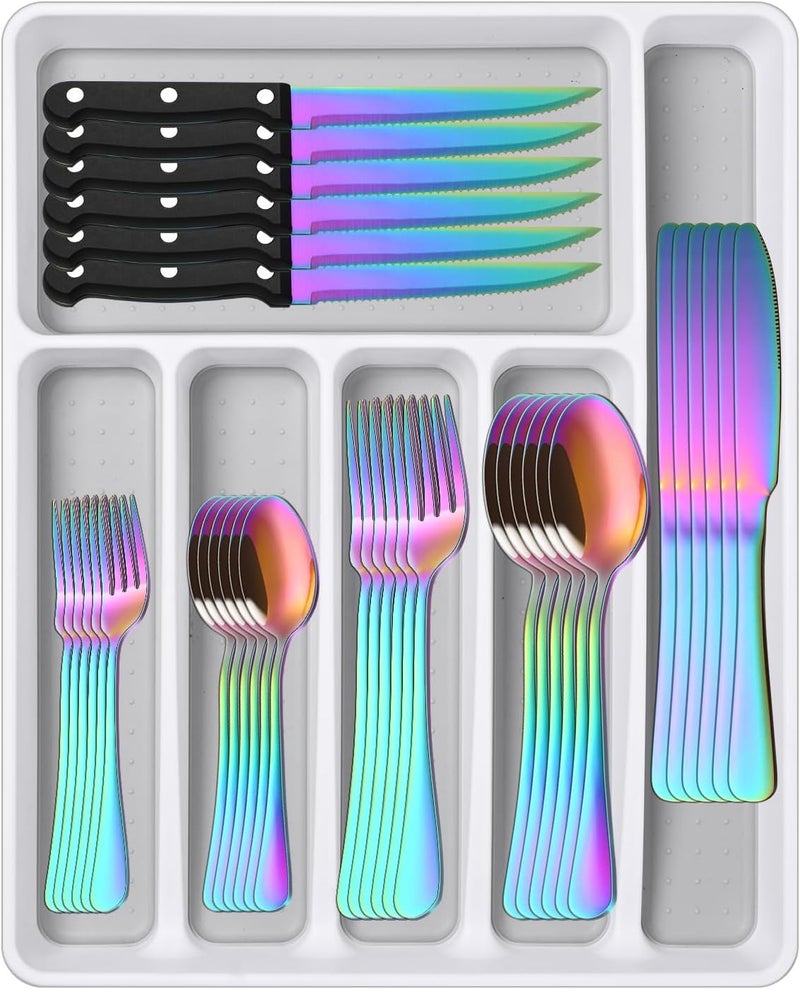 Dehov 49-Pieces Colorful Rainbow Stainless Steel Silverware Sets With Organizer And Steak Knives,Knife Spoon And Fork Eating Utensils Sets For Ktichen,Multicolor Flatware Sets With Cutlery Tray - Image 1