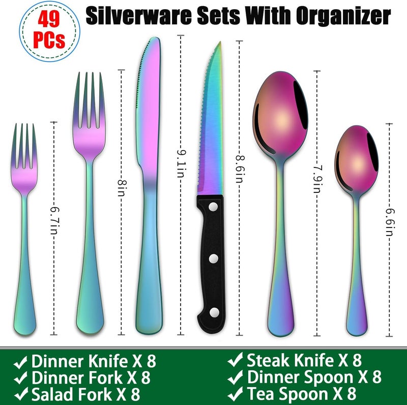 Dehov 49-Pieces Colorful Rainbow Stainless Steel Silverware Sets With Organizer And Steak Knives,Knife Spoon And Fork Eating Utensils Sets For Ktichen,Multicolor Flatware Sets With Cutlery Tray - Image 2