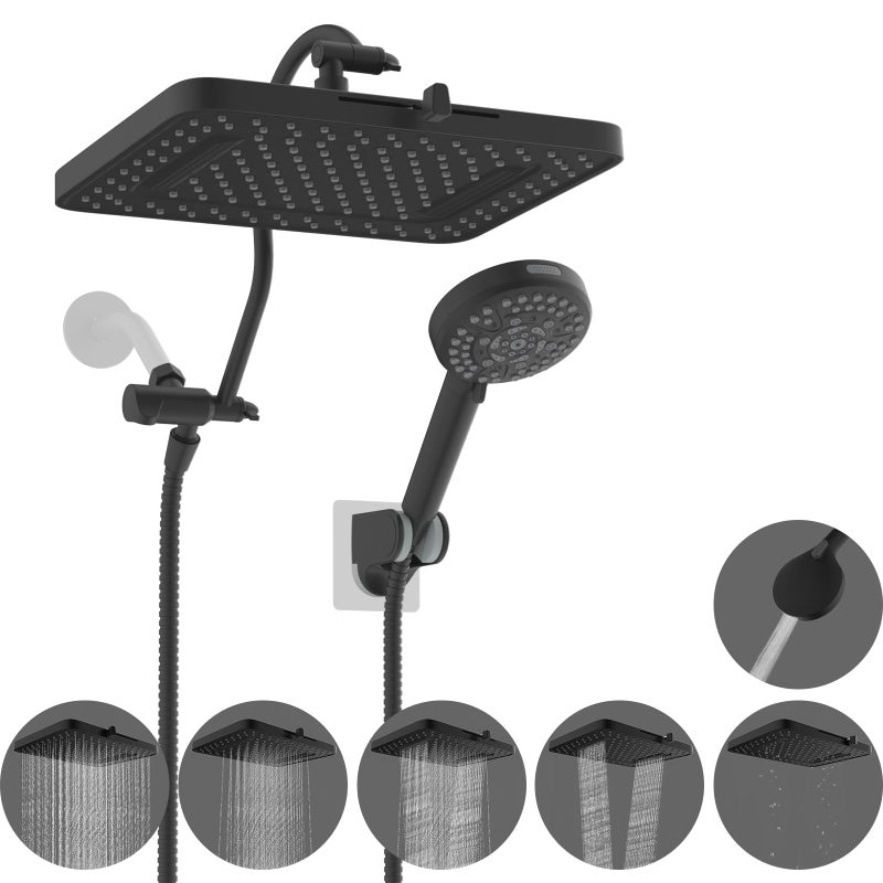Hibbent cUPC Certified High Pressure 13 Dual Shower Head Combo with 10mode Handheld Spray Rainfall 5spray Shower Head 12 Adjustable Extension Arm 71 Hose Showerhead Holder Matte Black