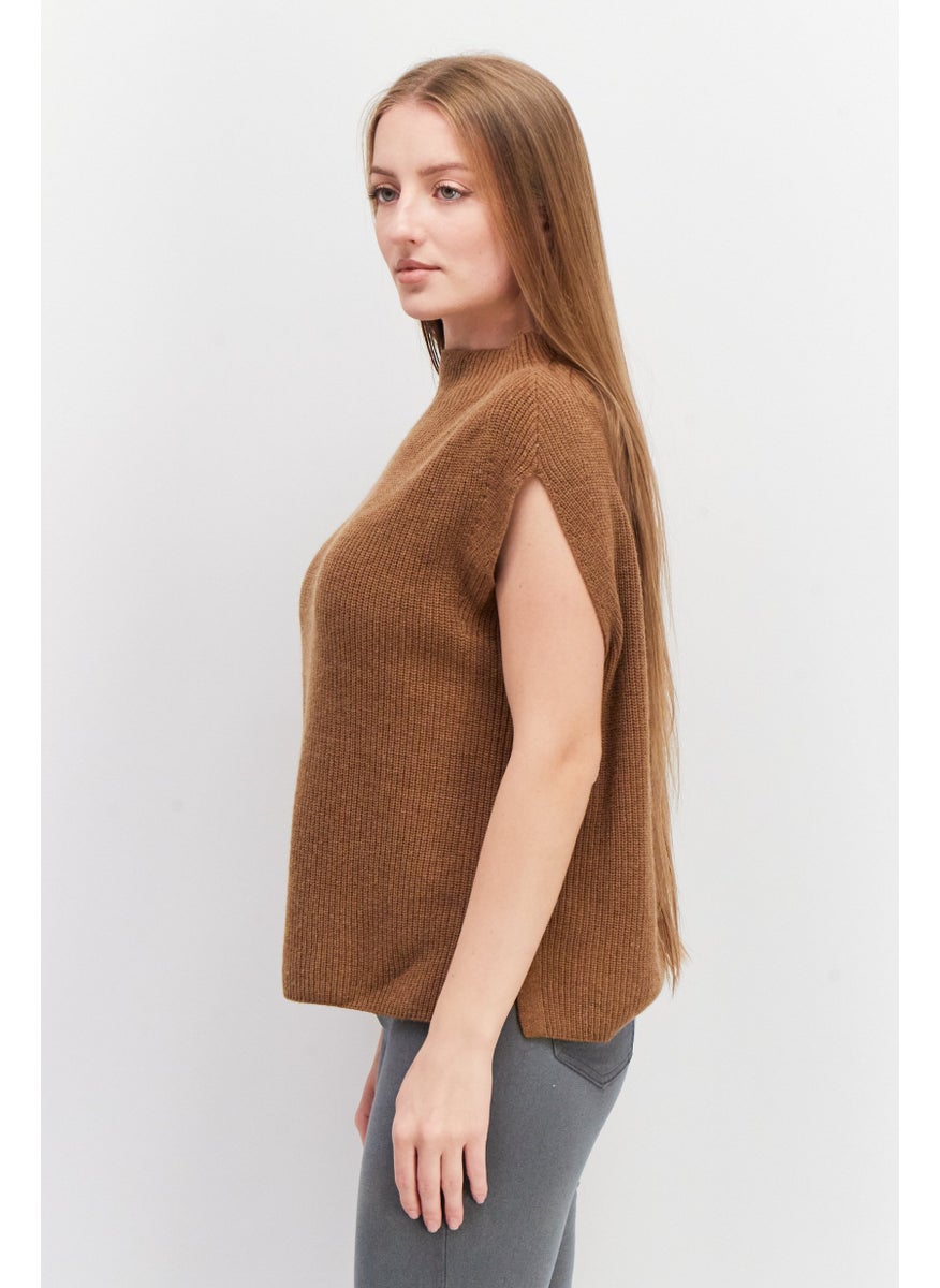 ESPRIT - Women Mock Neck Sleeveless Knit Sweater, Brown - Image 1