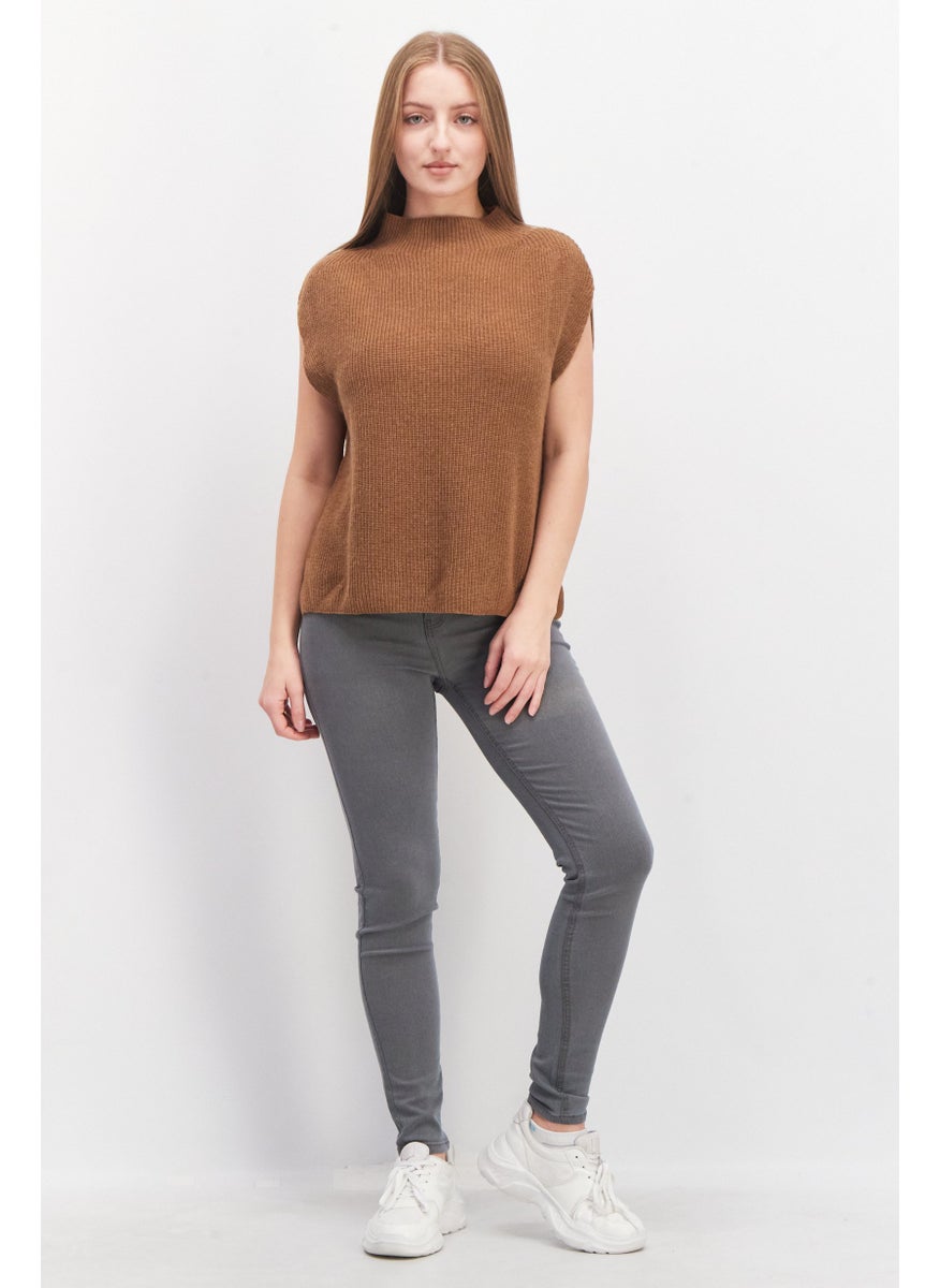 ESPRIT - Women Mock Neck Sleeveless Knit Sweater, Brown - Image 1