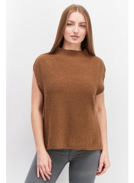 Women Mock Neck Sleeveless Knit Sweater, Brown