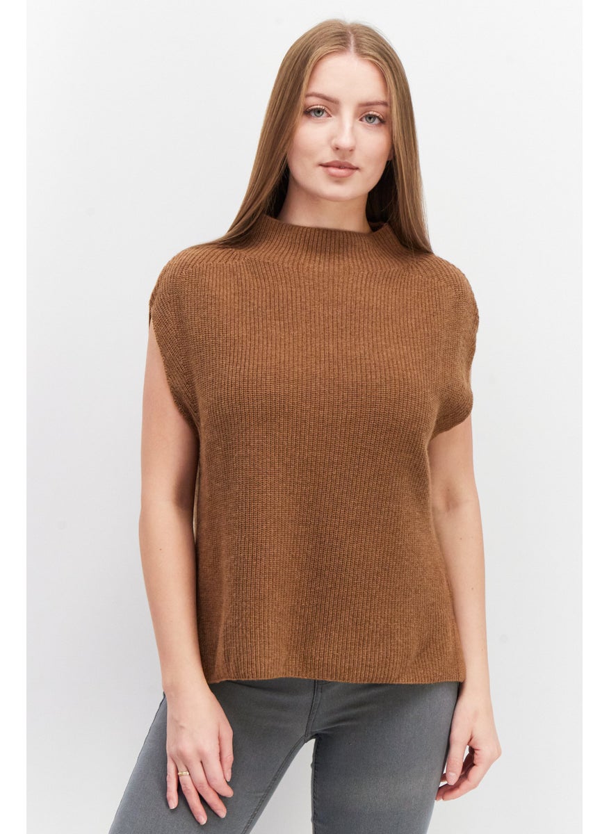 ESPRIT - Women Mock Neck Sleeveless Knit Sweater, Brown - Image 1