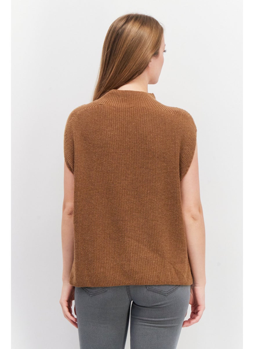 ESPRIT - Women Mock Neck Sleeveless Knit Sweater, Brown - Image 1