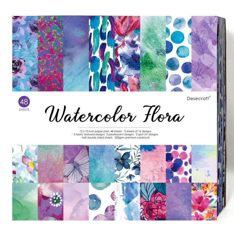 Desecraft 48 sheets 6 X 6.5 Scrapbooking Cardstock Decorative Paper Pack - Watercolor Flora - for Card Making Journaling Planner Origami Scrapbook Paper Scrapbook Materials Supplies - Image 1