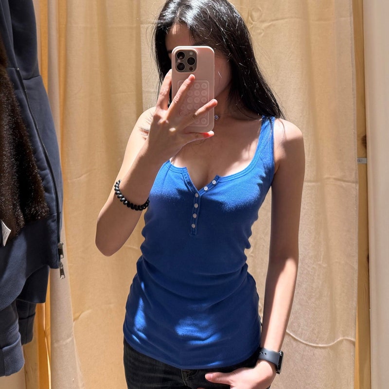 Women's Blue Button Front Strap Camisole Sleeveless Summer Top - Image 2