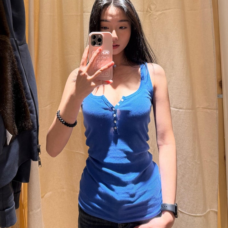 Women's Blue Button Front Strap Camisole Sleeveless Summer Top - Image 3