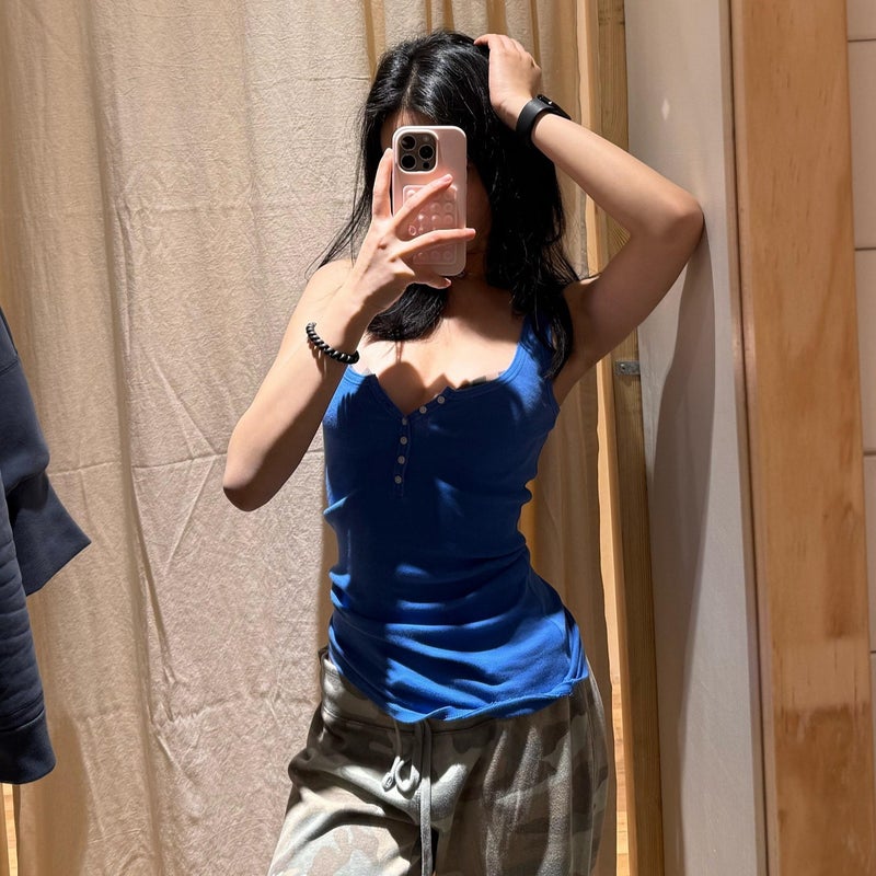 Women's Blue Button Front Strap Camisole Sleeveless Summer Top - Image 4