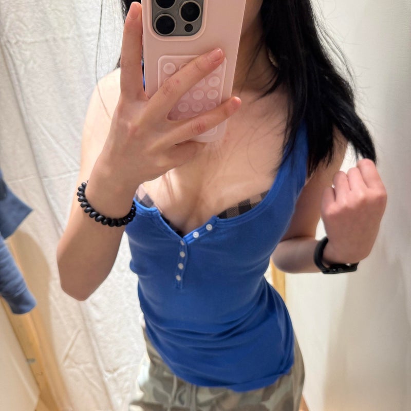 Women's Blue Button Front Strap Camisole Sleeveless Summer Top - Image 1