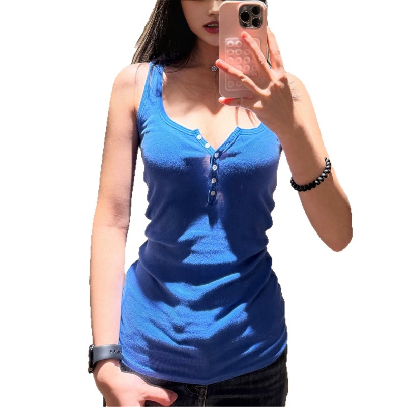 Women's Blue Button Front Strap Camisole Sleeveless Summer Top - Image 5