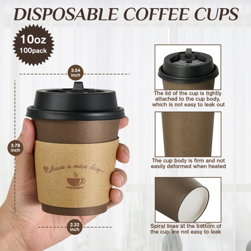 LITOPAK 100 Pack 10 oz Paper Coffee Cups with Lids  Sleeves  and Stirring Sticks for Coffee  Water  or Juice  Browm 10 Ounce Disposable Hot Paper Cups for Cafes  schools  offices  shops - Image 2