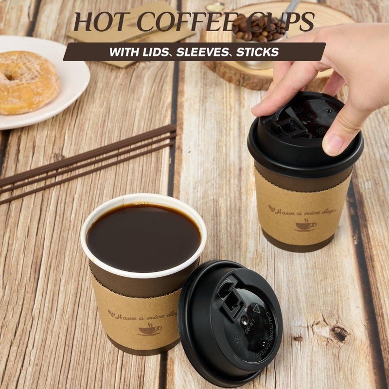LITOPAK 100 Pack 10 oz Paper Coffee Cups with Lids  Sleeves  and Stirring Sticks for Coffee  Water  or Juice  Browm 10 Ounce Disposable Hot Paper Cups for Cafes  schools  offices  shops - Image 4