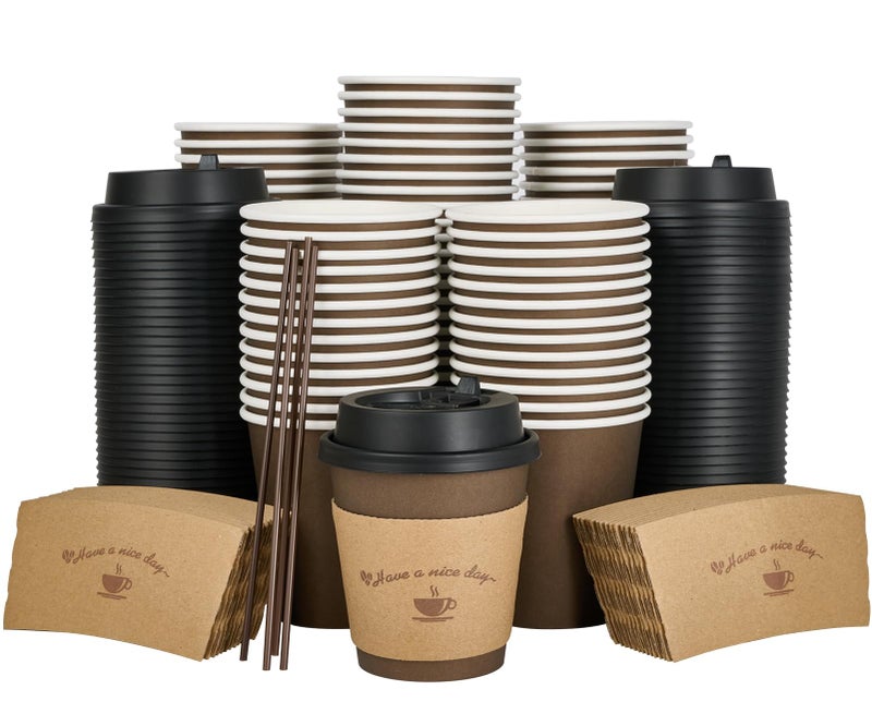 LITOPAK 100 Pack 10 oz Paper Coffee Cups with Lids  Sleeves  and Stirring Sticks for Coffee  Water  or Juice  Browm 10 Ounce Disposable Hot Paper Cups for Cafes  schools  offices  shops - Image 1