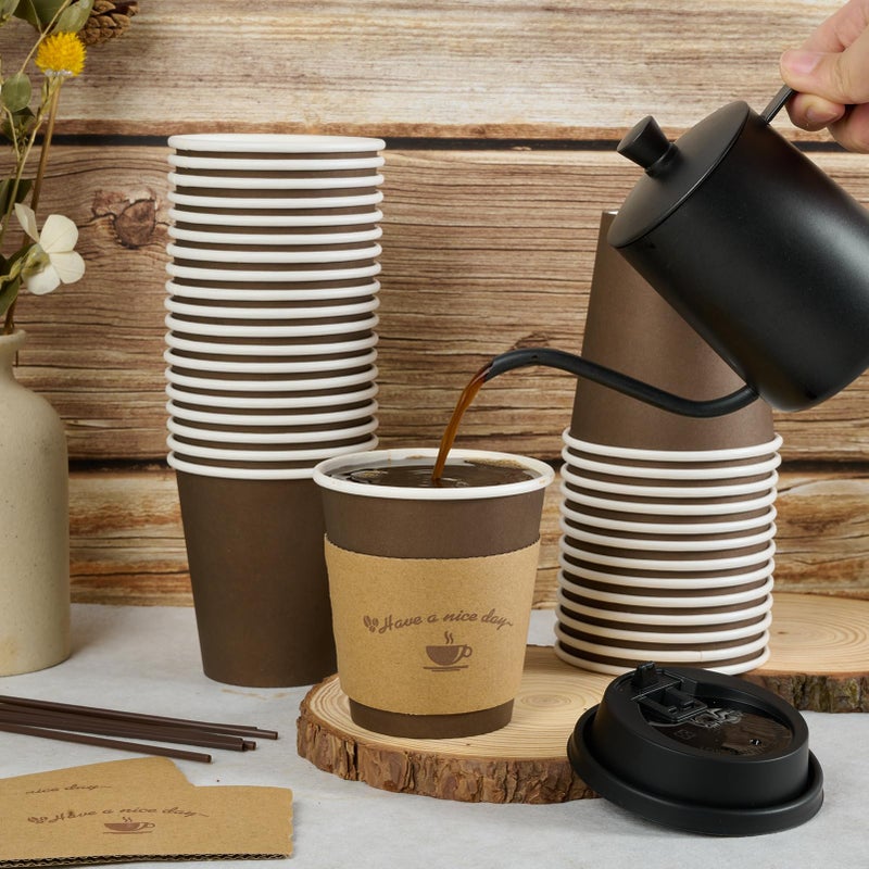 LITOPAK 100 Pack 10 oz Paper Coffee Cups with Lids  Sleeves  and Stirring Sticks for Coffee  Water  or Juice  Browm 10 Ounce Disposable Hot Paper Cups for Cafes  schools  offices  shops - Image 3