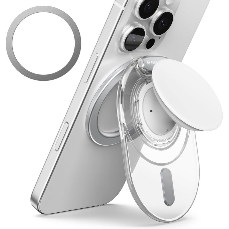 Sinjimoru Phone Grip Stand, Compatible with MagSafe, Adaptor Ring Included, 3000G Kickstand for iPhone 17/16/15/14/13. M-Tap Tok Stand Clear White - Image 1