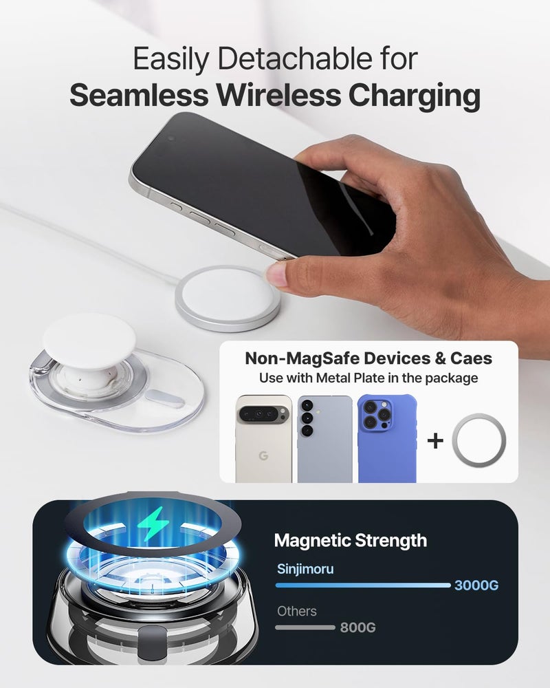 Sinjimoru Phone Grip Stand, Compatible with MagSafe, Adaptor Ring Included, 3000G Kickstand for iPhone 17/16/15/14/13. M-Tap Tok Stand Clear White - Image 5