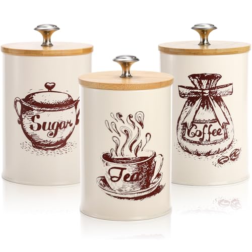 Youeon Small Canister Sets for Kitchen Counter, 25 Oz Coffee Sugar Tea Canister Set, Metal Vintage Kitchen Container 3 Pack, Food Storage Containers with Bamboo Lid, Farmhouse Decor, Beige - Image 1
