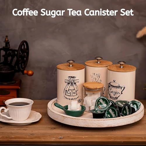 Youeon Small Canister Sets for Kitchen Counter, 25 Oz Coffee Sugar Tea Canister Set, Metal Vintage Kitchen Container 3 Pack, Food Storage Containers with Bamboo Lid, Farmhouse Decor, Beige - Image 5