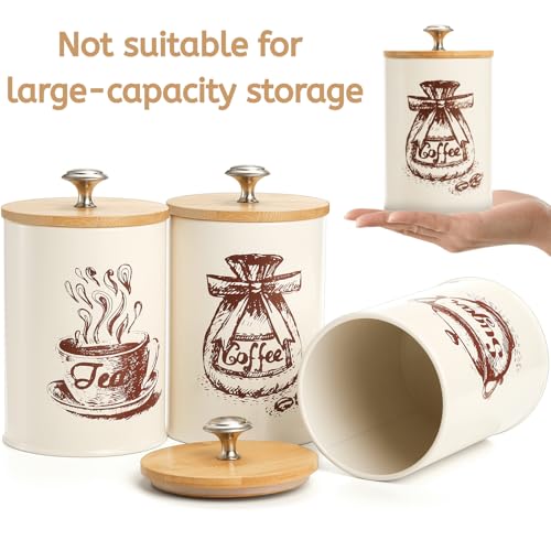 Youeon Small Canister Sets for Kitchen Counter, 25 Oz Coffee Sugar Tea Canister Set, Metal Vintage Kitchen Container 3 Pack, Food Storage Containers with Bamboo Lid, Farmhouse Decor, Beige - Image 4