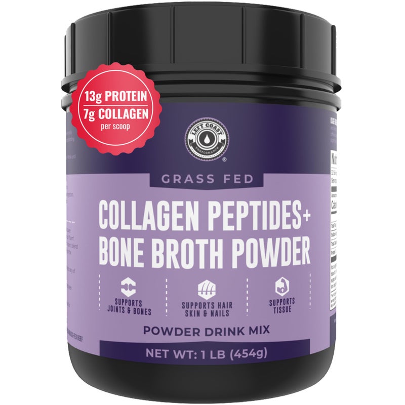 Left Coast Performance 16oz Bone Broth Powder with Grass Fed Collagen Peptides Unflavoured Zero Carb Dairy Free No Additives No Fillers Natural Source Type I and III Grass Fed Bone Broth Collagen Powder