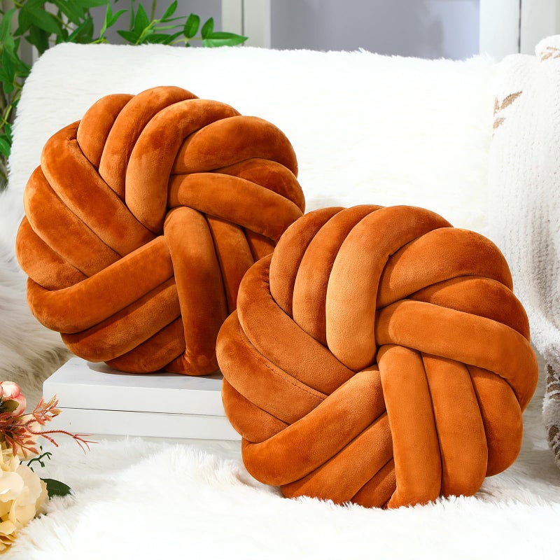 Fumete 2 Pcs 14 Inches Knot Pillow Round Throw Soft Plush Knot Ball Pillow Handmade Knotted Modern Home Decorative Cushion for Bed Bedroom, Sofa, Couch (Caramel Color) - Image 1