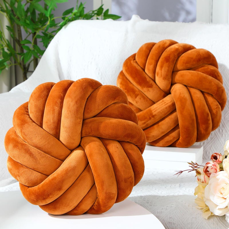 Fumete 2 Pcs 14 Inches Knot Pillow Round Throw Soft Plush Knot Ball Pillow Handmade Knotted Modern Home Decorative Cushion for Bed Bedroom, Sofa, Couch (Caramel Color) - Image 4