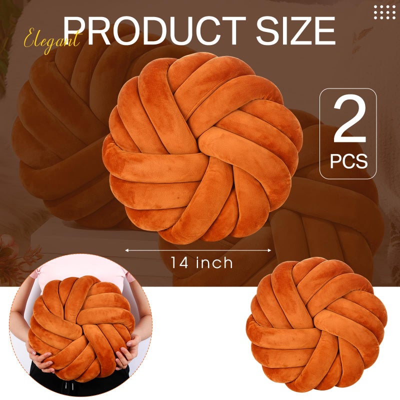 Fumete 2 Pcs 14 Inches Knot Pillow Round Throw Soft Plush Knot Ball Pillow Handmade Knotted Modern Home Decorative Cushion for Bed Bedroom, Sofa, Couch (Caramel Color) - Image 2