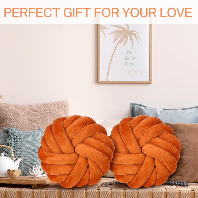 Fumete 2 Pcs 14 Inches Knot Pillow Round Throw Soft Plush Knot Ball Pillow Handmade Knotted Modern Home Decorative Cushion for Bed Bedroom, Sofa, Couch (Caramel Color) - Image 5
