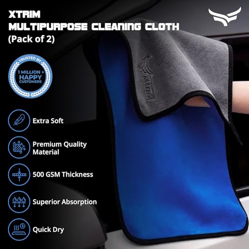 XTRIM Microfiber Cleaning Cloth XL 30X70 cms - 500 GSM, Car Towel for Cleaning, Car Cleaning Clothes Microfiber, Bike & Car Wash, Exterior Cleaning Kapda, Glass Cleaning (Pack of 2, Grey & Blue) - Image 2