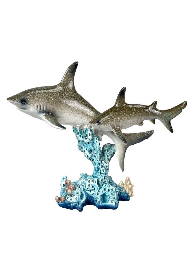 Things2Die4 Double Sharks on Coral Reef Statue, 10" Hand-Painted Resin Marine Life Decor, Realistic Ocean Shark Sculpture, Nautical Coastal Tabletop Accent for Home, Office, Aquarium, Beach House, or Gift - Image 1