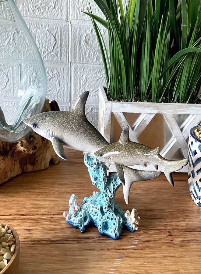 Things2Die4 Double Sharks on Coral Reef Statue, 10" Hand-Painted Resin Marine Life Decor, Realistic Ocean Shark Sculpture, Nautical Coastal Tabletop Accent for Home, Office, Aquarium, Beach House, or Gift - Image 4