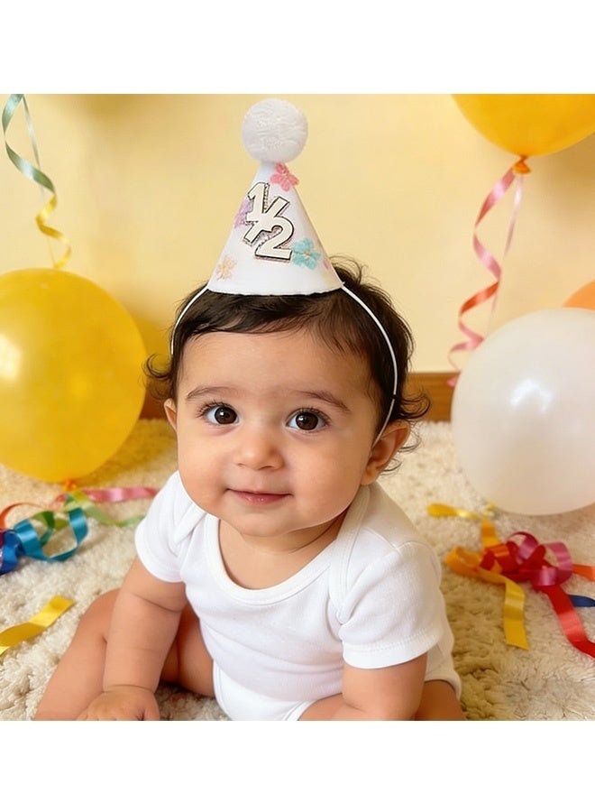 قبعة نصف عيد ميلاد للأطفال مزينة بأزهار ملونة وبرقائق لامعة، قبعة حفلات مخروطية الشكل مزينة بكرات صوفية، إكسسوار تصوير بزخارف بوهيمية للأزهار، مناسبة لاحتفال مرور 6 أشهر، حفلات ”كعكة سماش“، حفلات استقبال المولود الجديد، واحتفالات نصف عيد الميلاد - Image 3