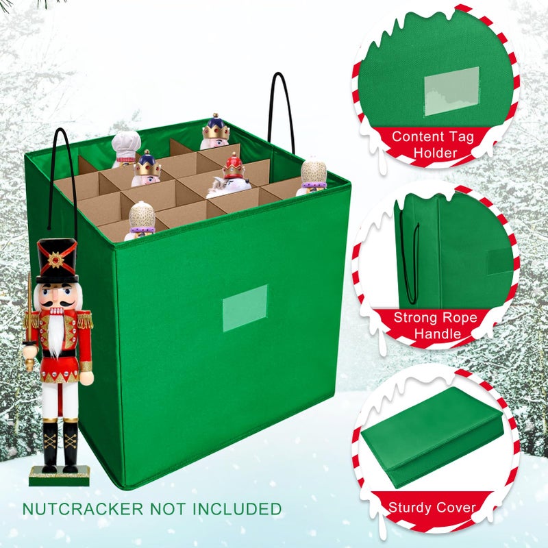 Tngan Christmas Nutcracker and Figurine Collectible Storage Box, Fits 16 Holiday Ornaments, Stores Up to 16" Tall Ornaments, Holiday Decor Organizer with Dividers, Nutcracker not Included(Green) - Image 2