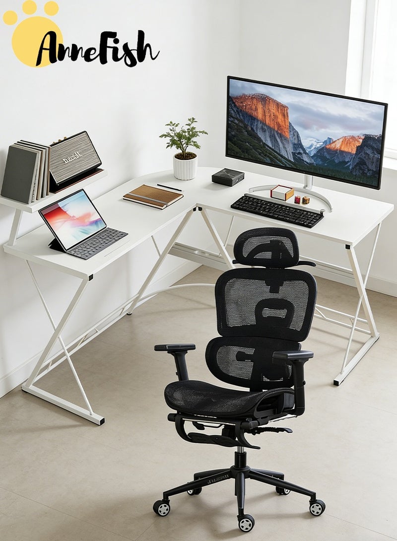آن فش طقم مكتب وكرسي للألعاب، كرسي مكتب شبكي مريح مع مسند للقدمين ودعم قطني قابل للتعديل، مكتب ألعاب على شكل حرف L بطول 120 سم مع حامل شاشة - Image 1