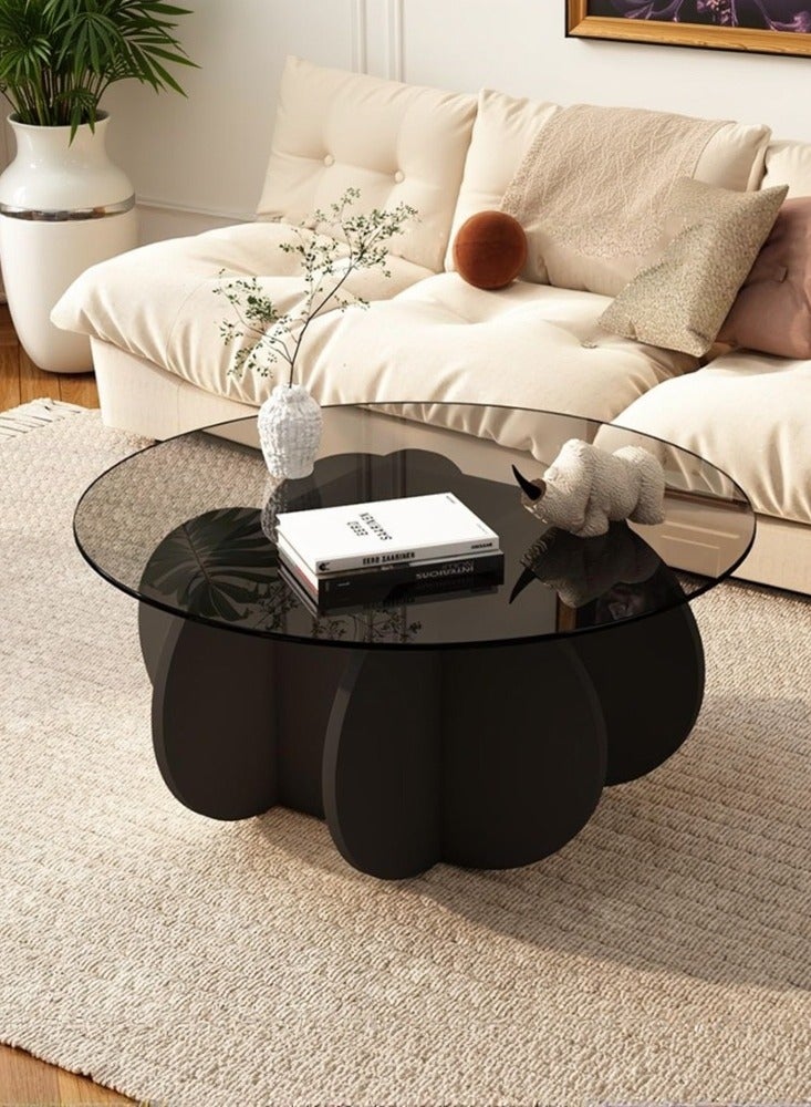 والالا طاولة قهوة أنيقة مع سطح زجاجي دائري وقاعدة فريدة على شكل بتلة، مثالية لديكور غرفة المعيشة، طاولة مركزية عصرية للمنزل والمكتب، أثاث قوي وأنيق لرفع مستوى مساحتك - Image 1