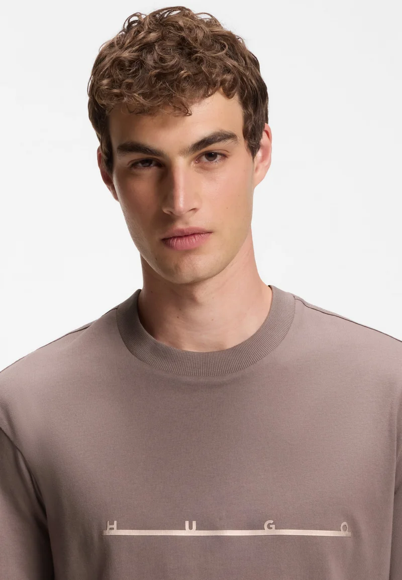 HUGO Brown Relaxed-fit T-shirt with zigzag stitching detail for Men | Best Price UAE
