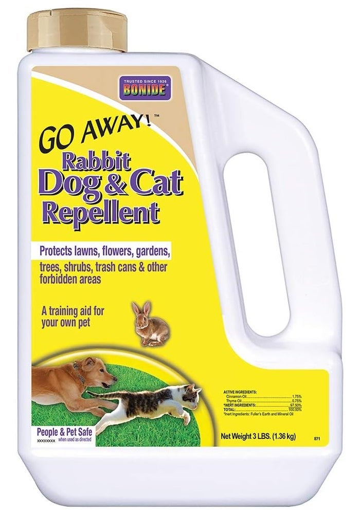 Bonide Go Away! Rabbit, Dog & Cat Repellent Granules - 3 lbs Ready-to-Use for Lawn, Garden, and Flower Beds - Image 1