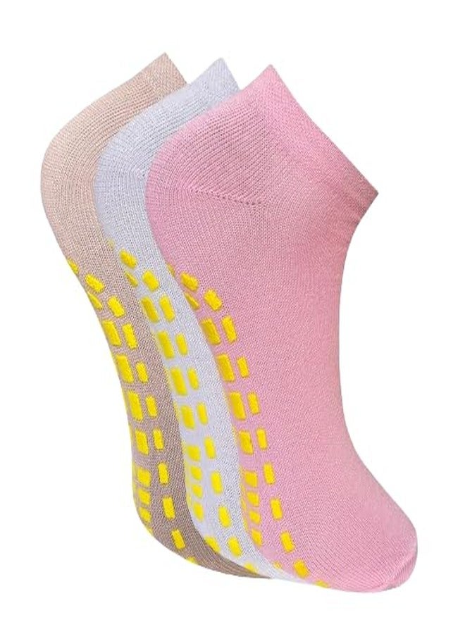 USOXO Women Ankle Length Cotton Grip Socks | Anti Skid Anti Slip Non-Slip Socks for Yoga Gym Home Use | Breathable Soft Stretchable | Pack of 3 Multicolour - Image 1