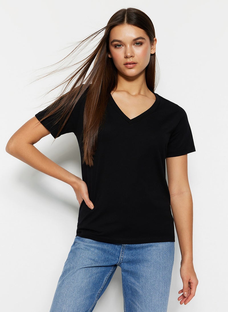 trendyol Black 100% Cotton Basic V-Neck Knitted T-Shirt TWOSS23TS00001 - Image 1