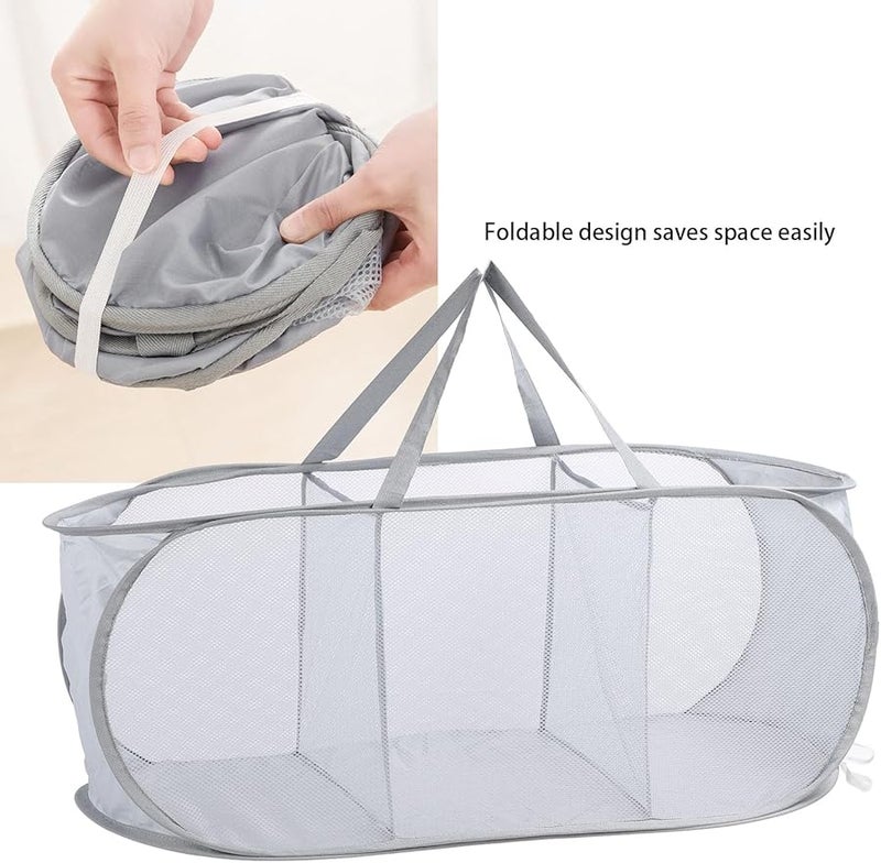 Gray 3 Section Collapsible Laundry Basket Portable Mesh Popup Hamper with Handles - Image 3